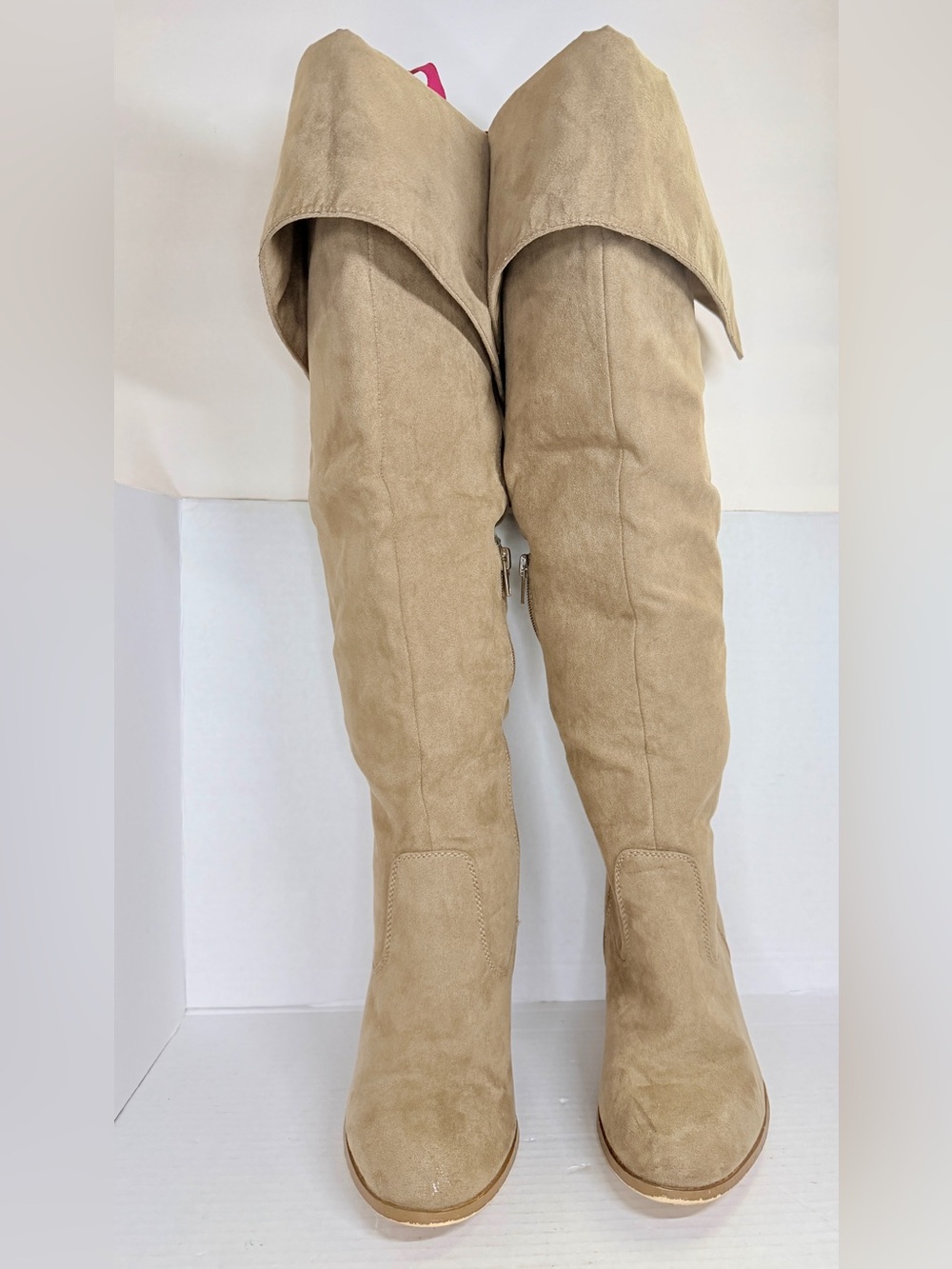 Boho Style Women's Over-the-Knee Fold-Top Suede Boots in Beige Size 8